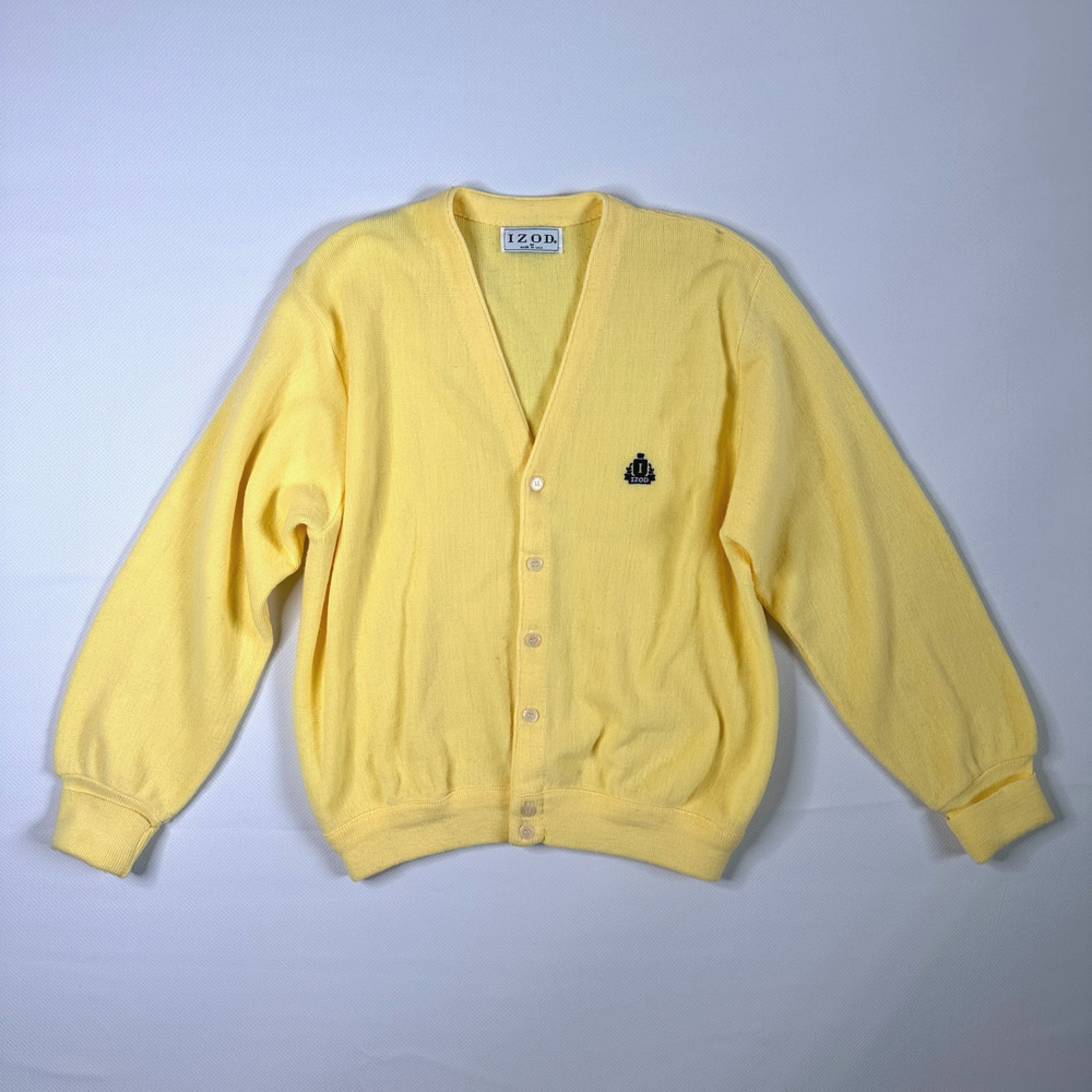Vintage IZOD Cardigan Sweater Mens M Yellow Knit Made In USA Preppy College